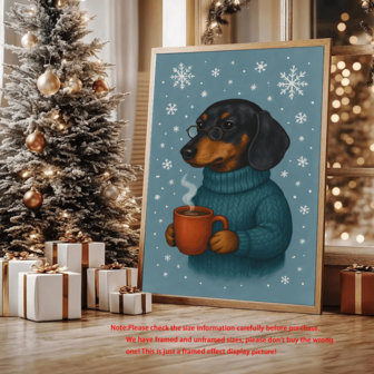 1pc Heartwarming Dachshund Wall Art, Dog In Sweater With Coffee, Winter Canvas Print, Christmas Wall Decor, Gift For Dog And Coffee Lovers, Wall Art, Posters, Hangable, Suitable For Home Decor, Wall Decor, Bathroom Decor, Bedroom Decor, Living Room Decor, Kitchen Decor, Office Decor - Canvas Material (Optional Frame) Christmas Decoration