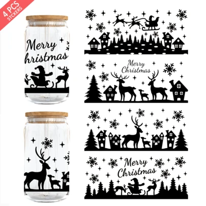 4pcs Christmas UV DTF Cup Wrap For 16oz Libbey Glass - Waterproof 3D Crystal Transfer Sticker For DIY Crafting, Mugs, Laptops
