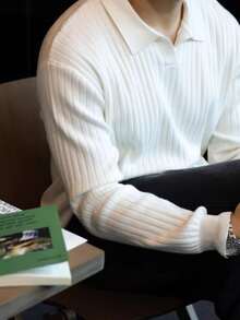 GRDR Men's Ribbed Collar Long Sleeve Knit Sweater, Casual Versatile Outerwear - White - View 3