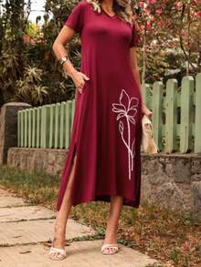 Loose Summer T-Shirt Dress With Side Slit - 紅色 - 查看 2