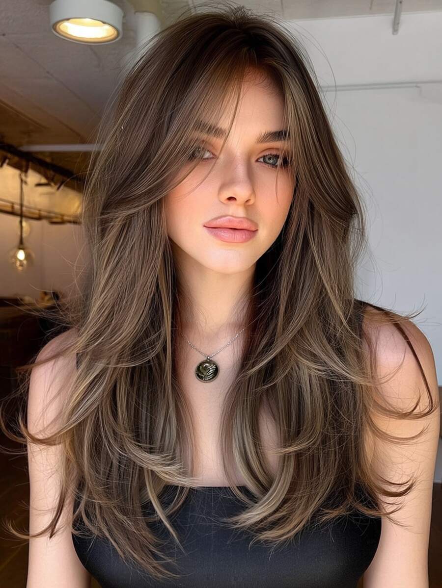 棕金色混色假发，带刘海，自然层次长直发，棕色挑染，女士耐热纤维合成假发，适合日常、派对、角色扮演等场合。（请注意佩戴和保养方式，由于拍摄时的光线和角度原因，实际产品颜色可能与图片略有差异。）