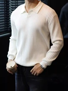 GRDR Men's Ribbed Collar Long Sleeve Knit Sweater, Casual Versatile Outerwear - White - View 4