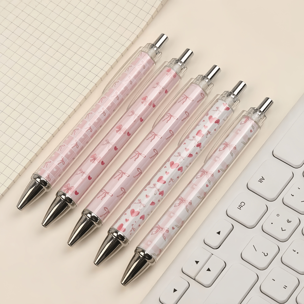 1/3/5 Pcs Pink Theme Retractable Ballpoint Pens, Cute Cartoon Design, Bow Pattern, Vibrant Colors, Ideal Gift For Office, School, Back To School Season