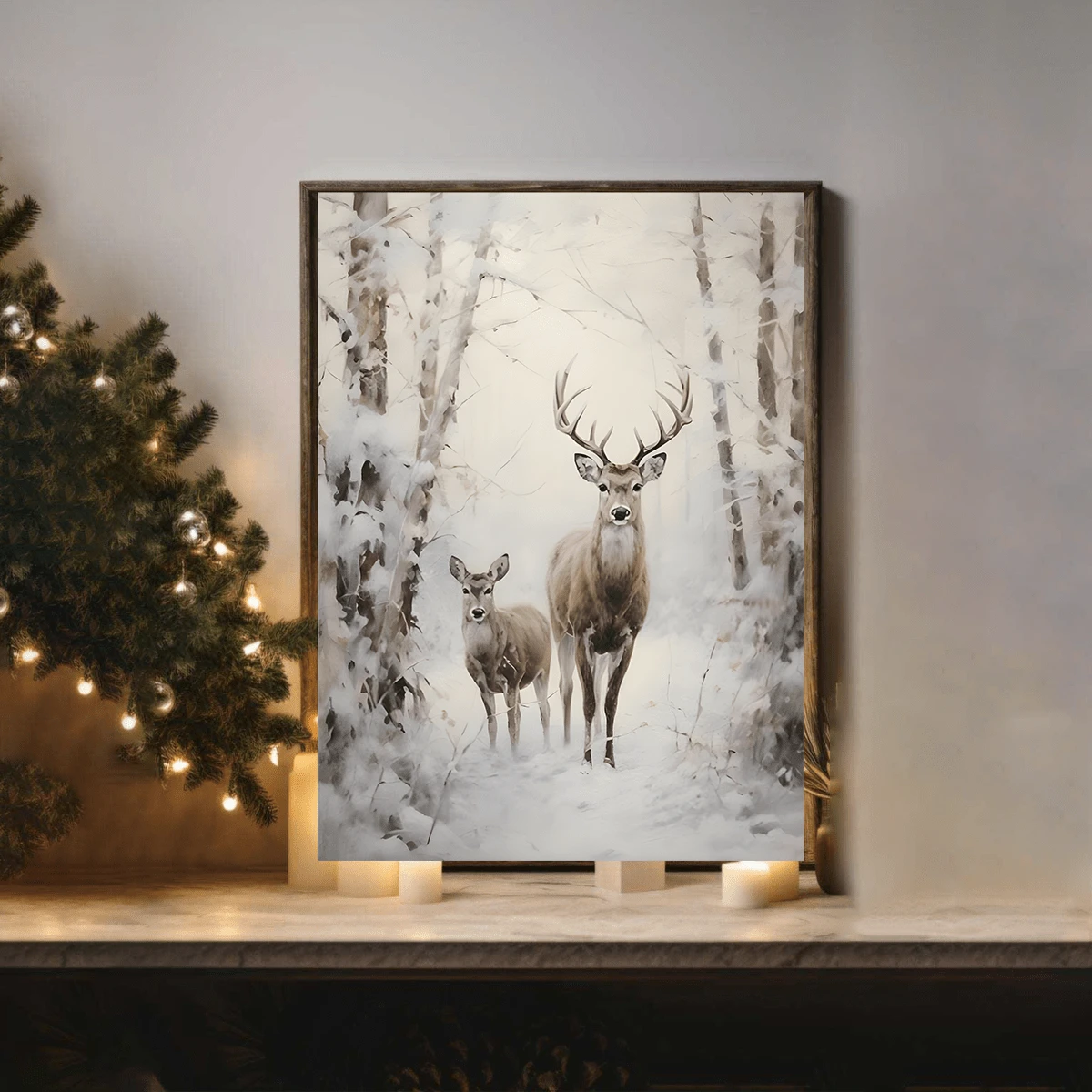 1 pièce Affiche sur canevas de style vintage représentant une forêt d'hiver avec un cerf. Convient pour le salon, la chambre, le bureau à domicile, la cuisine. Impression sur canevas verticale/horizontale pour usage intérieur avec motif de Noël. (Cadre en option)