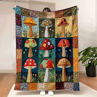 1 件复古蘑菇图案毛毯 - 柔软法兰绒毛毯，棕色、绿色、蓝色、红色、橙色、黄色等大地色调 - 适合所有季节，家居装饰礼物，客厅或卧室的舒适点缀 - 乡村风格装饰