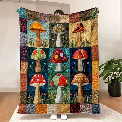 1 pezzo Coperta vintage a motivo di funghi - Morbida coperta in flanella nei toni della terra di marrone, verde, blu, rosso, arancione, giallo - Adatta per tutte le stagioni, regalo per la decorazione della casa, accento accogliente per il soggiorno o la camera da letto - Decorazione in stile rustico