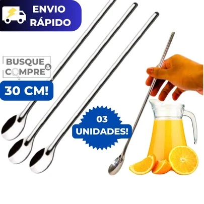 3 Colheres Grandes de 30cm Colher para Sucos Drinks Milkshakes Bebidas Aço Inox para Cozinha Suco