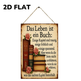 2D 平面，1 件复古木制标志 20*13.5 厘米 - 德语和英语励志书籍引文墙艺，配有古董书籍和玫瑰设计 - 图书馆、卧室、办公室装饰 - 送给爱书人和哲学家的礼物 - 乡村文学牌匾，适用于书房感恩节/圣诞节/日常使用装饰门牌，完美的礼物