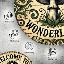 Welcome To Wonderland" Mushroom Wall Art - 8x8 Inch Metal Poster, Suitable For Cafe, Kitchen, Club And Home Decor, Perfect Room Decoration, Pre-Drilled Holes, Hole Positions As Shown In Size Chart - Multicolor - View 5