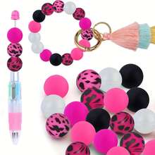 30/50pcs Pink Leopard Print Silicone Beads Set, 15mm, Suitable For DIY Jewelry Making