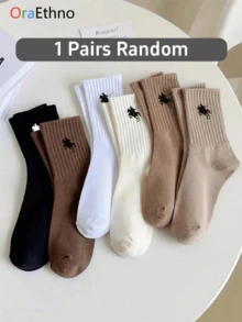 1/5 pares de calcetines de tripulación para mujer de diseño bordado de caballero, cómodos y casuales, que absorben la humedad, engrosados, divertidos, únicos, personalizados, sugerencia de regalo de otoño/invierno - Multicolor - Ver 8