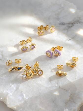 Charm-In ต่างหูทองเหลืองชุบทอง 18K แบบมินิมอลสไตล์แฟชั่น 1 คู่ ประดับด้วยหินเซอร์โคเนีย รูปหัวใจ, ดอกไม้ และดวงตา, ของขวัญสำหรับวันวาเลนไทน์, วันแม่