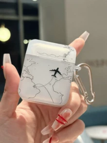 飞机造型单件耳机保护套，航线图案设计，兼容 - 黑色 - 查看 1