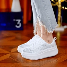 ARiderGirl Coachee RH Women's Lace Up Sports Shoes Rhinestone Platform Fashion Low Top Casual Walking Sneaker - 白色 - 查看 1