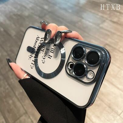 Letras inglesas negras La funda magnética electrochapada para teléfono con lente todo incluido soporta carga inalámbrica magnética y adecuada para las series iPhone16promax, 16 15pro, 14 14 Plus/14 Promax, 13 13 Pro, 12Pro, 11/11 Pro y Pro.un gran regalo para amigos, cumpleaños y festivales.