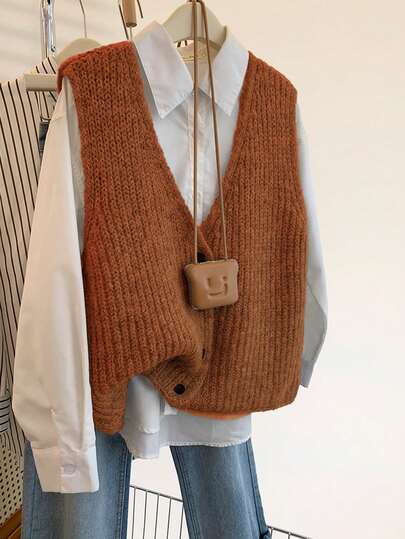 JIANHU Damen Strickweste in dicker Strickart für Herbst und Winter, gemütlicher V-Ausschnitt ärmellos Pullover, lässiger Layering-Look für Thanksgiving und Schulbeginn