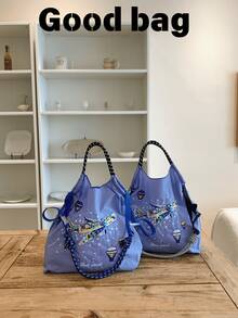 Neue Damen Umhängetasche, japanisch besticktes buntes Flugzeug Muster Shopper mit großer Kapazität, leicht faltbare Einkaufstasche geeignet für Pendeln, Reisen, Einkaufen, Dates, Überraschungsgeschenk, Weihnachtsgeschenk, Handtasche mit großer Kapazität, Pendlertasche, Damentasche