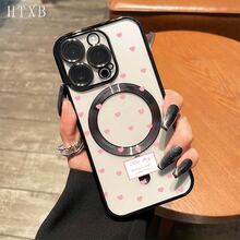 Teléfono con lente integral magnética y baño de oro rosa con lunares en forma de corazón. Compatible con carga inalámbrica magnética y compatible con phone 16 Pro Max, 16, 15 Pro, 14, 14 Plus/14 Pro Max, 13, 13 Pro, 12 Pro, 11/11 Pro y la serie Pro. Es un teléfono ideal para regalar a amigos, en cumpleaños y en fiestas. - Negro - Ver 2