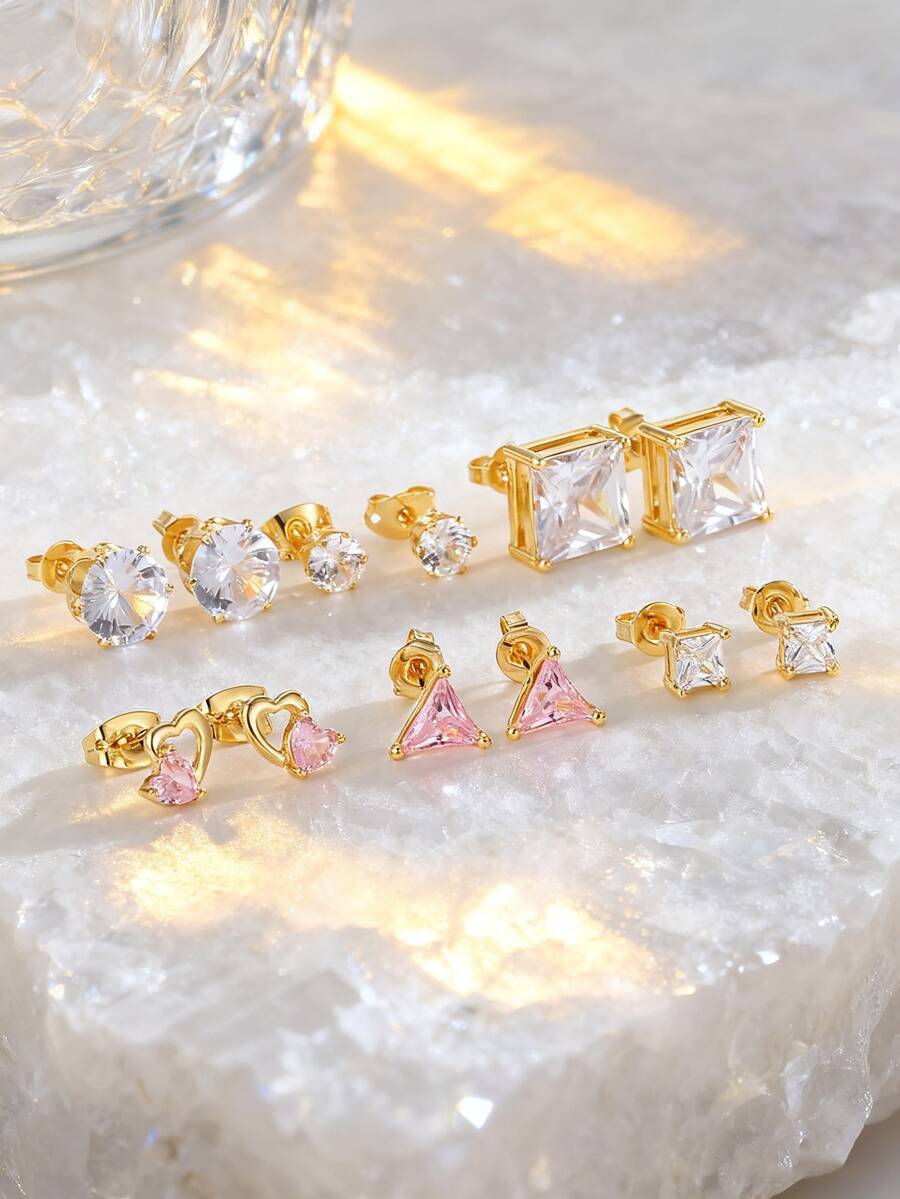 Charm-In 1 Pair Fashionable Minimalist 18K Gold Plated Brass Geometric Zirconia Stone Earrings, Gift For Valentine's Day, Mother's Day