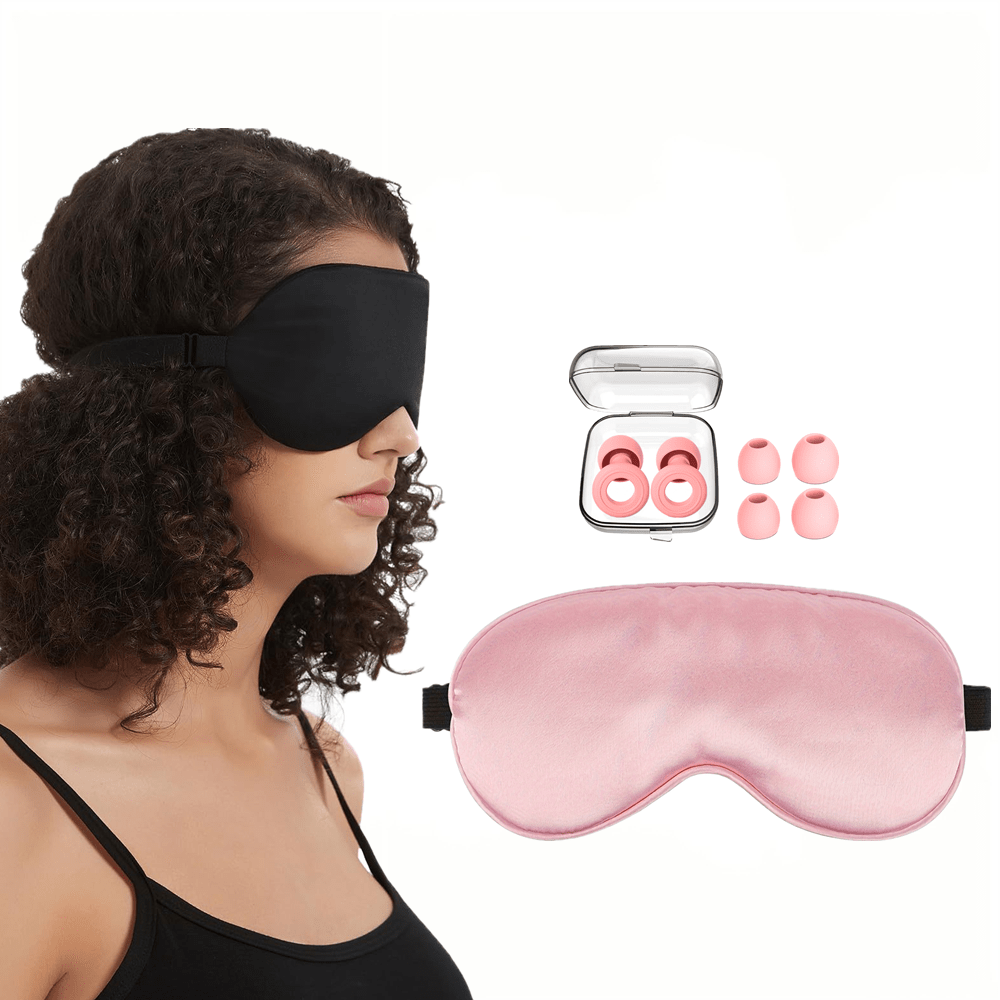 1 máscara de dormir + 1 par de protetores auriculares com caixa de armazenamento e pontas de reposição, máscara de dormir elástica ajustável e protetores auriculares de silicone, confortável para dormir, adequado para dormitório, escritório, soneca de avião, unissex, reutilizável