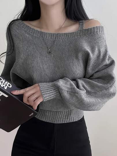 한국 시크 원 숄더 스트랩 배트윙 슬리브 니트 스웨터 여성용