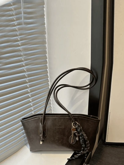 1 件咖啡棕色绗缝拉链开合 PU 纯色保龄球包，秋冬，大容量手提包，新款时尚毛毡纹理单肩包，复古风格马鞍腋下通勤笔记本电脑包带绳装饰，适合女性日常使用，时尚蝴蝶结女士钱包