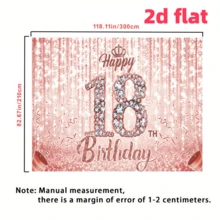 1件 2D平面18歲生日快樂背景布，聚酯纖維布料，鑽石「18」與「Happy Birthday」文字、皇冠、煙花、粉色背景，適合18歲生日派對、成年禮、拍照道具與派對裝飾，多種尺寸可選 - 彩色 - 查看 13