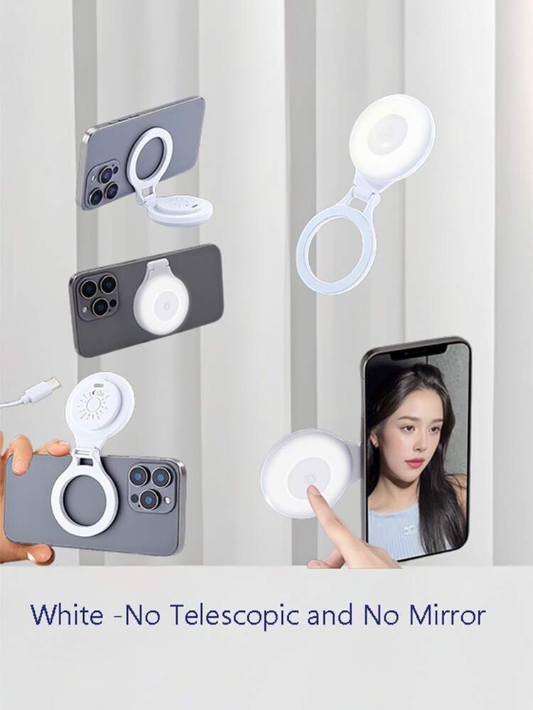 3-In-1 Magnetic Phone Selfie Light, New Foldable LED Ring Light, Portable Pocket Lamp, Makeup Mirror, Phone Holder, 3 Brightness Levels, Rechargeable, Suitable For Photography, Vlog, Makeup, Video Calls, Birthday, Holiday Gifts For Family And Friends (1pc/Ring, Square, Simple Style, Black, White, Pink) - Multicolor - View 14