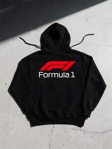 Men's Soft Hoodie With Abstract Red & White Formula Racing Logo Print,Warm Pullover Hooded Sweatshirt For Casual Style. - Black - View 4