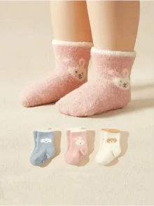3 双装女婴可爱卡通兔子、熊、狗毛绒防滑柔软保暖透气袜子，适合秋冬季 - 彩色 - 查看 7