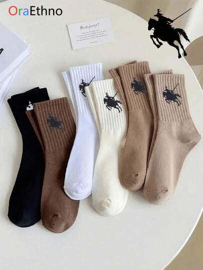 1/5双装女士随机颜色船袜，骑士图案，舒适休闲，吸湿排汗，加厚，趣味十足，独一无二，可个性化定制，秋冬季送礼佳品