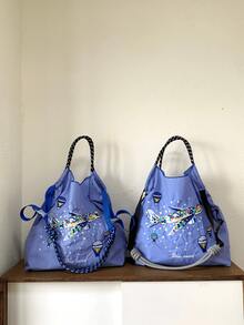 Neue Damen Umhängetasche, japanisch besticktes buntes Flugzeug Muster Shopper mit großer Kapazität, leicht faltbare Einkaufstasche geeignet für Pendeln, Reisen, Einkaufen, Dates, Überraschungsgeschenk, Weihnachtsgeschenk, Handtasche mit großer Kapazität, Pendlertasche, Damentasche