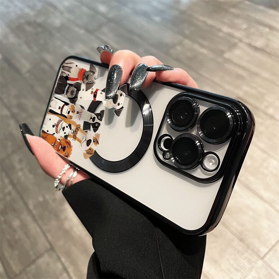 Teléfono con lentes magnéticas y baño de electroerosión con diseño de cachorros. Compatible con carga inalámbrica magnética y compatible con phone 16 Pro Max, 16, 15 Pro, 14, 14 Plus/14 Pro Max, 13, 13 Pro, 12 Pro, 11/11 Pro y la serie Pro. Es un excelente teléfono para regalar a amigos, en cumpleaños y en fiestas. - Negro - Ver 1