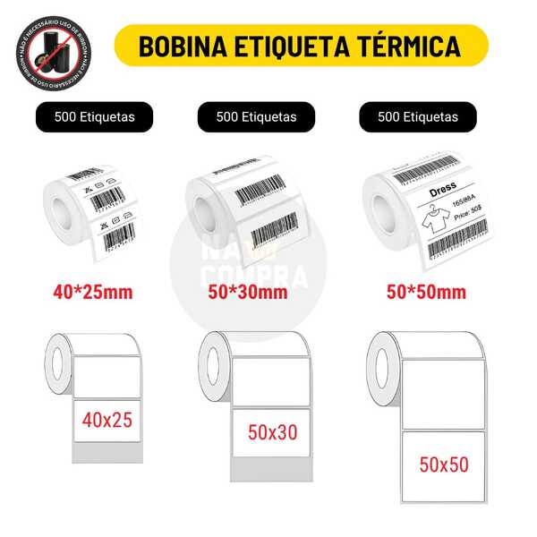 Bobina Etiqueta Térmica Adesiva 50x50mm 50x30mm 40x25mm 5x5cm 5x3cm 4x2,5cm (1 Coluna) Rolo