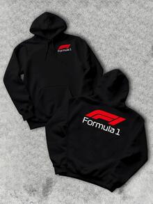 Men's Soft Hoodie With Abstract Red & White Formula Racing Logo Print,Warm Pullover Hooded Sweatshirt For Casual Style. - Black - View 1