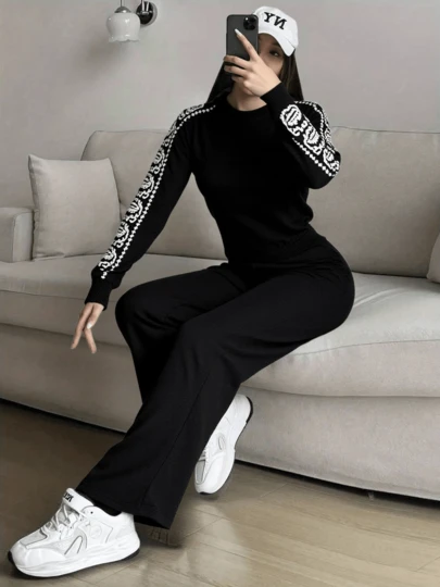 Juego de Suéter de Moda para Mujeres - Conjunta de Manga Larga y Pantalones Anchos, Variedad de Colores, Cálido y Cómodo, Perfecto para el Otoño e Invierno