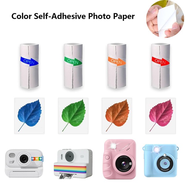 Paquete de valor de papel térmico de 4 colores - 1 rollo de cada uno de azul/rojo/naranja/verde de 57x25mm Papel fotográfico autoadhesivo para cámara instantánea/impresora portátil, variedad definitiva para diarios/logística/regalos festivos/etiquetas de oficina