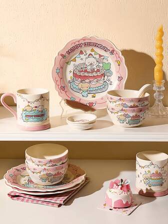 1 Set Birthday Bear Series Tableware, High-Quality Cute Bowls, Mugs, Dipping Dishes, Salad Plates, Dessert Plates & Bowls, Lovely Dinnerware Set For Home, Restaurant, Cafe, Birthday Gift, Party