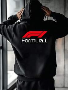 Men's Soft Hoodie With Abstract Red & White Formula Racing Logo Print,Warm Pullover Hooded Sweatshirt For Casual Style. - Black - View 2