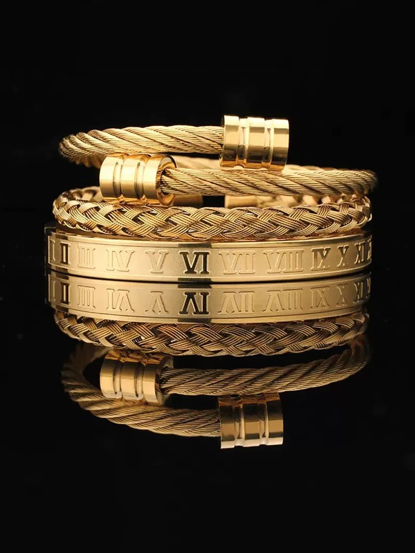 مجموعة من 3/2 سوار رجالي مصنوع من الفولاذ المقاوم للصدأ بتصميم مضفر بأرقام رومانية أنيق وإبداعي، أساور ذهبية مطلية من الفولاذ المقاوم للصدأ متعددة الاستخدامات رياضية، مناسبة للارتداء اليومي والملابس الكاجوال والتنقل واللياقة البدنية والعطلات، وكهدية لصديق