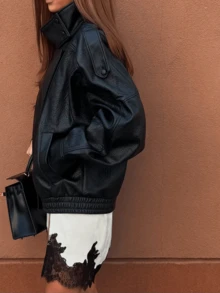 DEEKA Autumn/Winter New Women's Fashion European & American Style Minimalist Versatile Litchi Texture Leather Jacket, High-End Outerwear