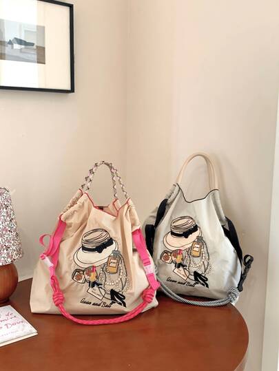 New Women's Tote Bag With Embroidered Fashion Pattern, Large Capacity Shoulder Bag With Adjustable Strap, Lightweight And Foldable Shopping Bag, Suitable For Office, Commuting, Outdoor, Sports, Party, Surprise Gift, Christmas Gift, Large Capacity Handbag, Commuter Bag, Women Bag