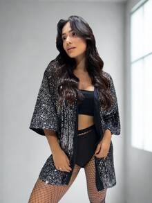 Women's Shiny Sequin Kimono For Festival, Metallic Blouse, Lined, Contrast Sequins - 銀色 - 查看 7