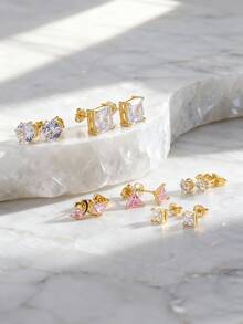 Charm-In 1 Pair Fashionable Minimalist 18K Gold Plated Brass Geometric Zirconia Stone Earrings, Gift For Valentine's Day, Mother's Day