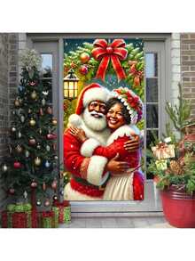 Cortina de porta charmosa com Papai Noel e Mamãe Noel preta - ideal para decoração de Natal e aniversário, poliéster durável, 35 x 71 polegadas