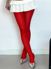 1 Pair Women's Shiny Burgundy Sheer High Elasticity Pantyhose, Sexy & Fashionable, Suitable For Dates, Parties And Christmas Gifts - Burgundy - View 10