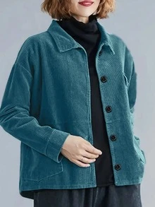 Plus Size Women's Corduroy Solid Color Long Sleeve Jacket, Fashionable Drop Shoulder Design, Casual, Commute, Suitable For All Seasons