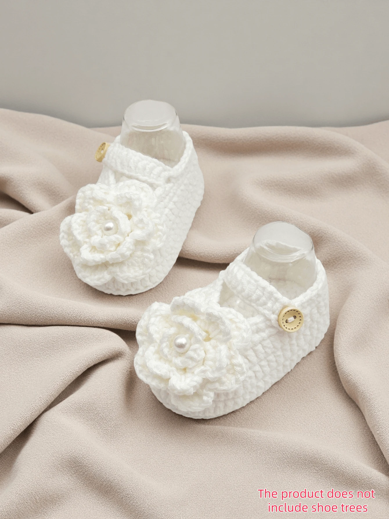 1 Pair Handmade Infant Shoes, Green Crochet Knit With White Flower, Button Closure - White - View 1