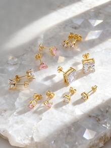 Charm-In 1 Pair Fashionable Minimalist 18K Gold Plated Brass Geometric Zirconia Stone Earrings, Gift For Valentine's Day, Mother's Day