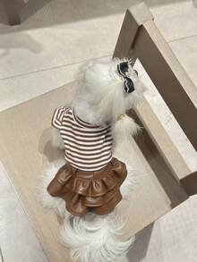 1 件宠物服装，快乐狗连衣裙，皮革条纹裙，春夏款式，舒适面料 - 巧克力棕 - 查看 4